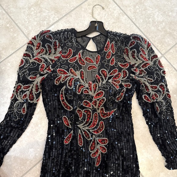 VTG 90s Niteline Dress Women Sz 6 Black Silk All Sequin Floral Beaded Maxi Gown - Picture 2 of 14